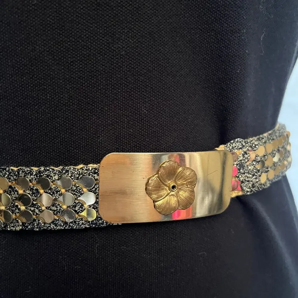 Vtg Gold Stretch Disc Belt Glitter 1980 Glam Retro Disco Floral Sequins Shiny